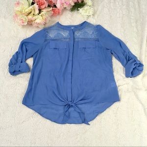 Chiffon Button Down Blouse with Front Tie and Chantilly Lace